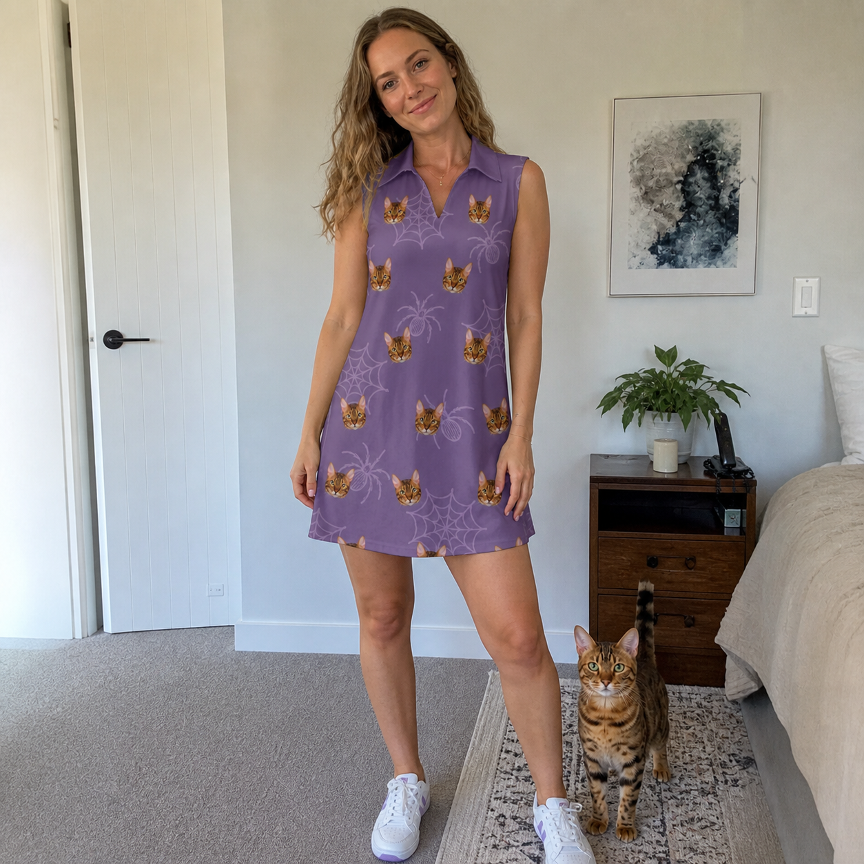 Full-length photo with the pet printed all over this Women's Spider Social Custom Cat Face V-Neck Dress