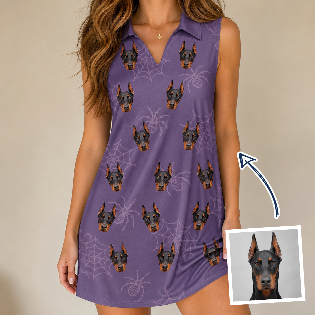 Woman wearing Women's Spider Social Custom Dog Face V-Neck Dress — custom faces printed all-over