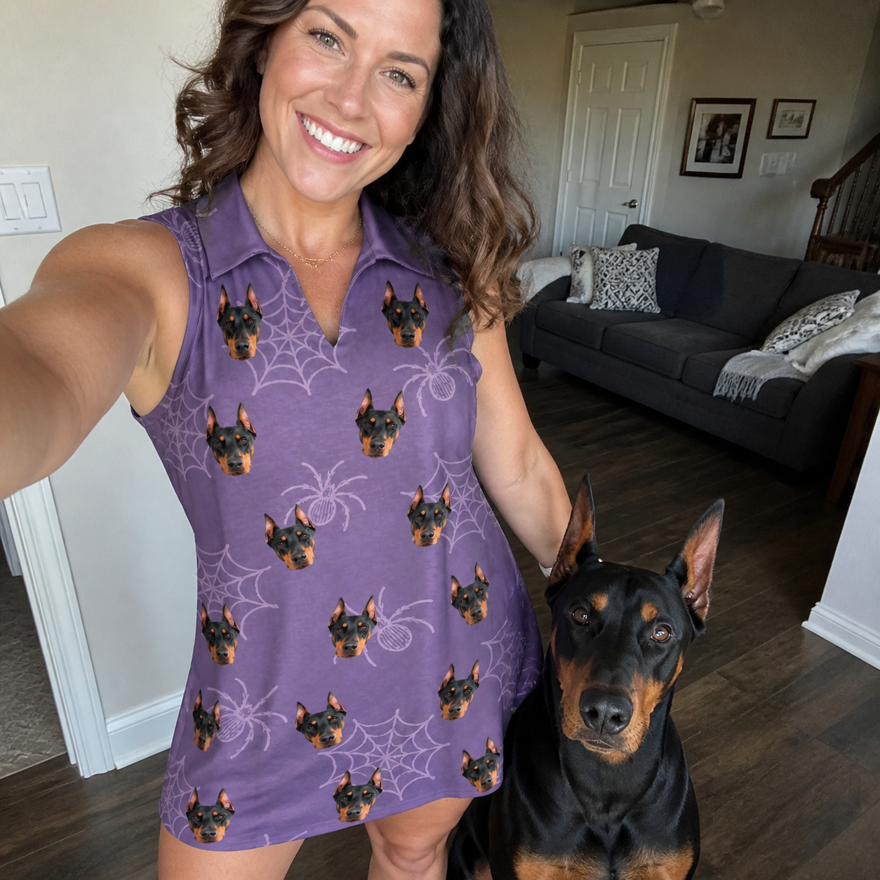 Selfie with the pet whose face is printed all over this Women's Spider Social Custom Dog Face V-Neck Dress