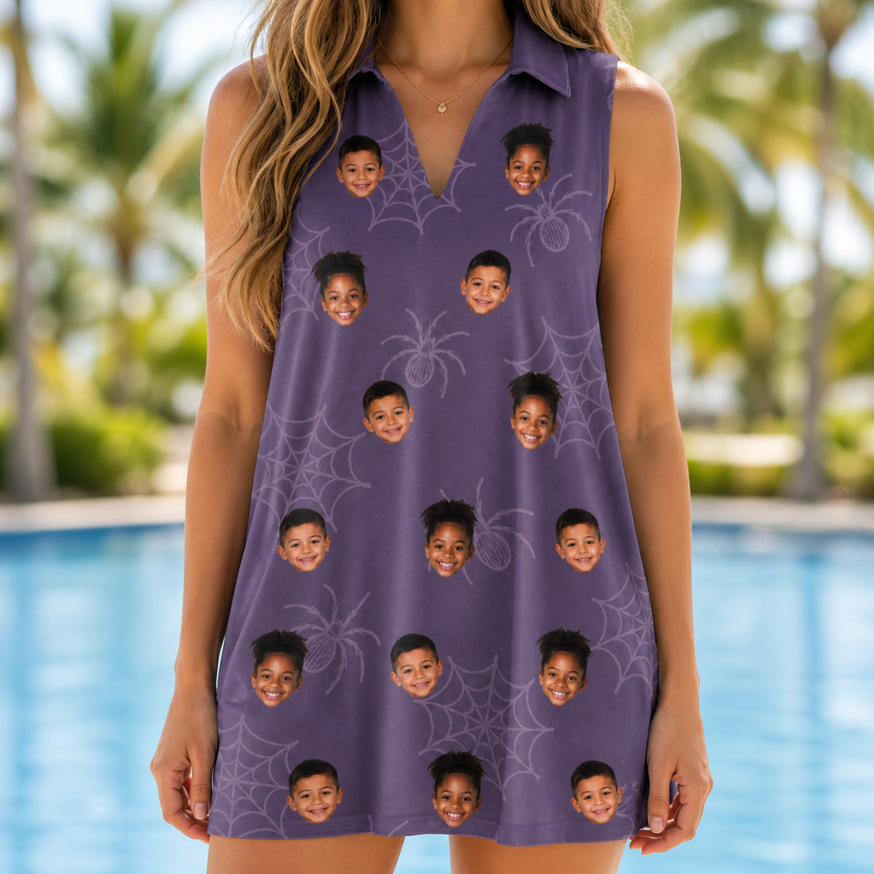 Model wearing Women's Spider Social Custom Face V-Neck Dress printed with kids' faces