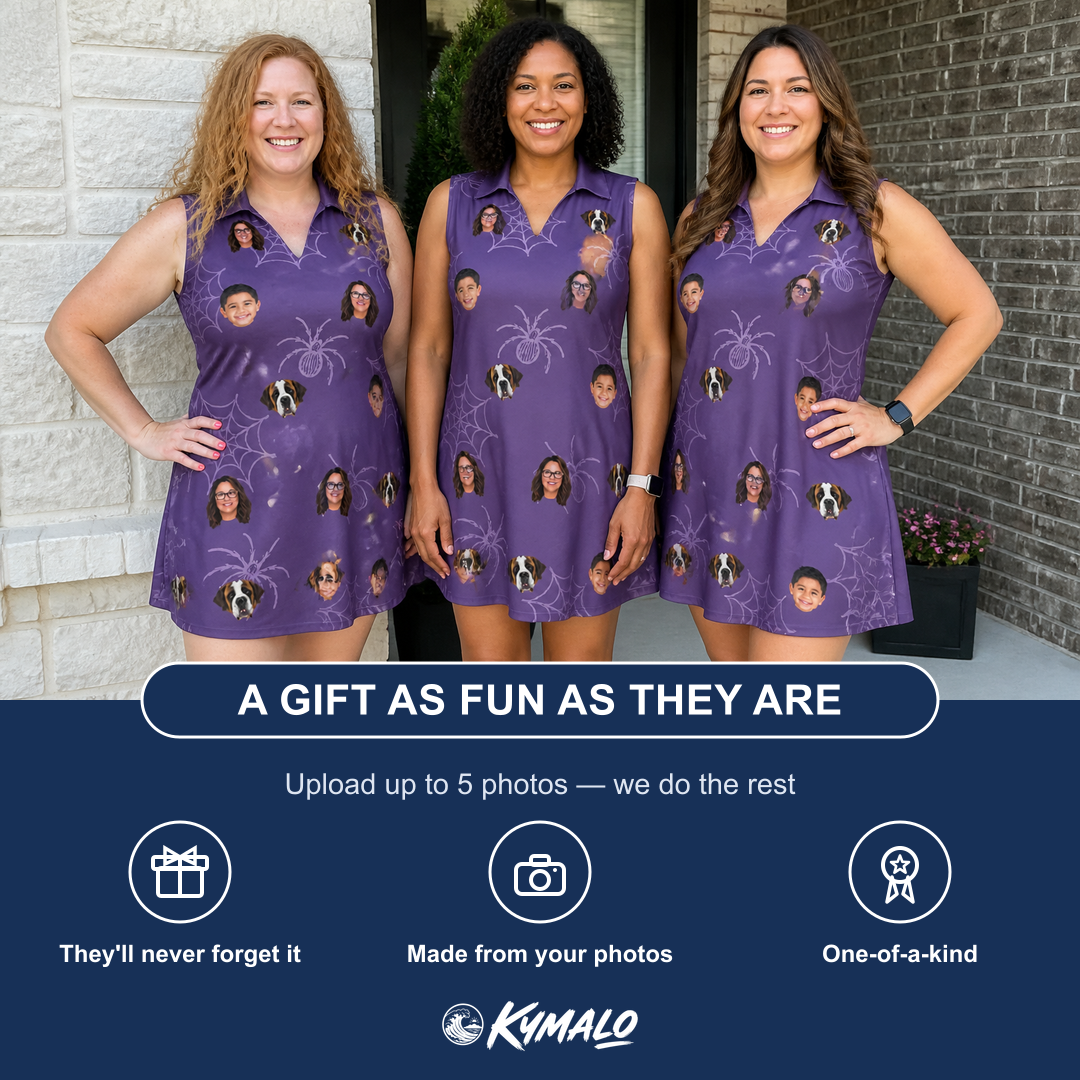 Friends in matching Women's Spider Social Custom Face V-Neck Dress — a group gift photo