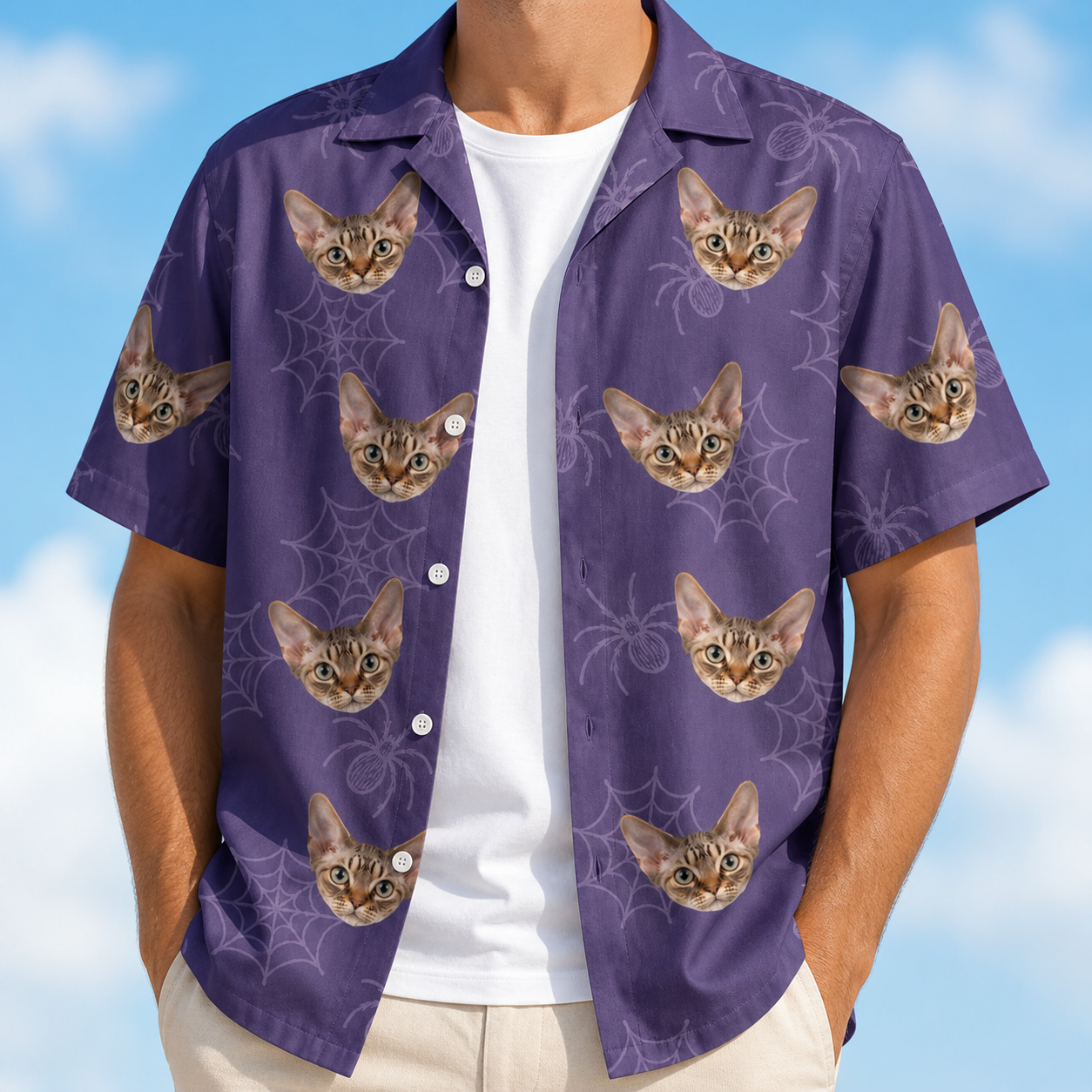 Man wearing Men's Spider Social Custom Cat Face Hawaiian Shirt open over a white tee