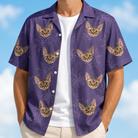 Man wearing Men's Spider Social Custom Cat Face Hawaiian Shirt open over a white tee