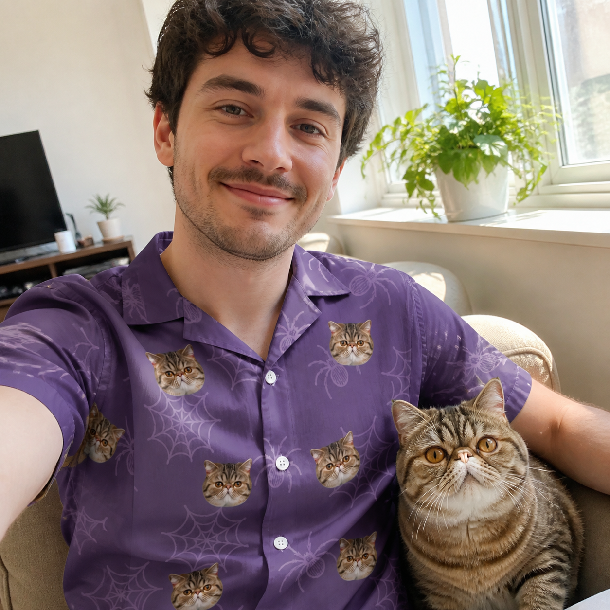 Selfie with the pet whose face is printed all over this Men's Spider Social Custom Cat Face Hawaiian Shirt
