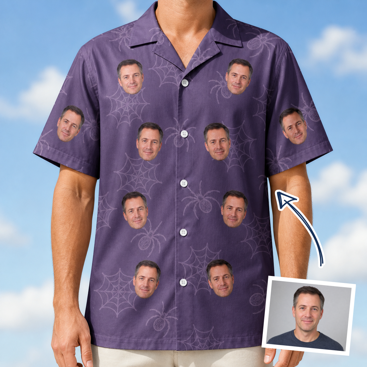 Man wearing Men's Spider Social Custom Face Hawaiian Shirt — custom faces printed all-over