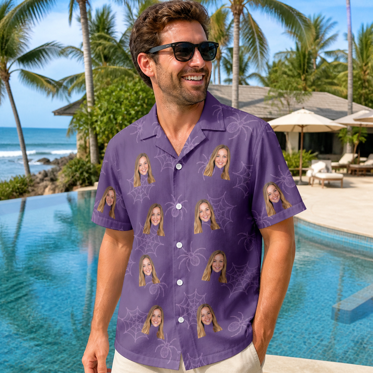 Real-life photo of someone wearing Men's Spider Social Custom Face Hawaiian Shirt — custom faces printed all-over