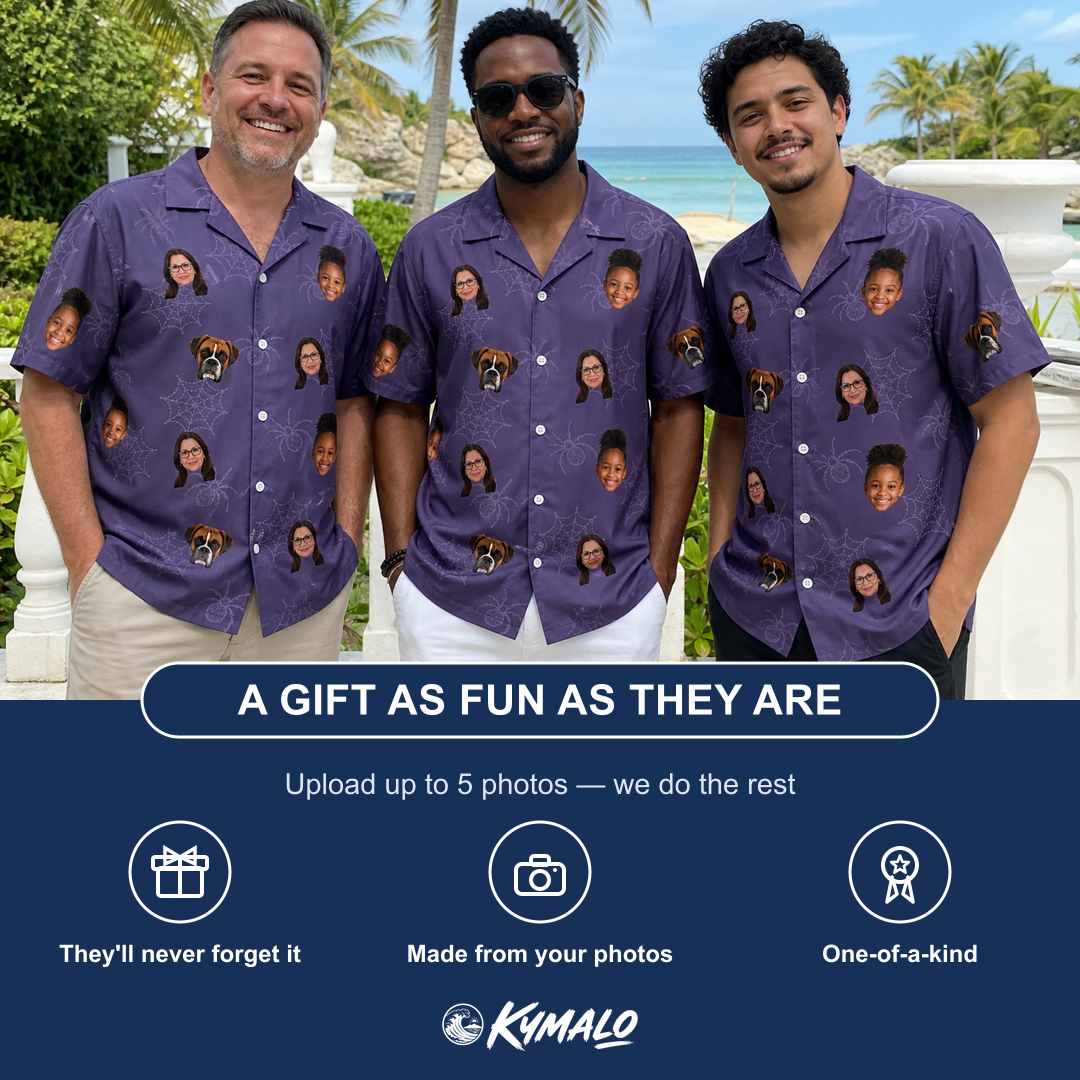 Friends in matching Men's Spider Social Custom Face Hawaiian Shirt — a group gift photo