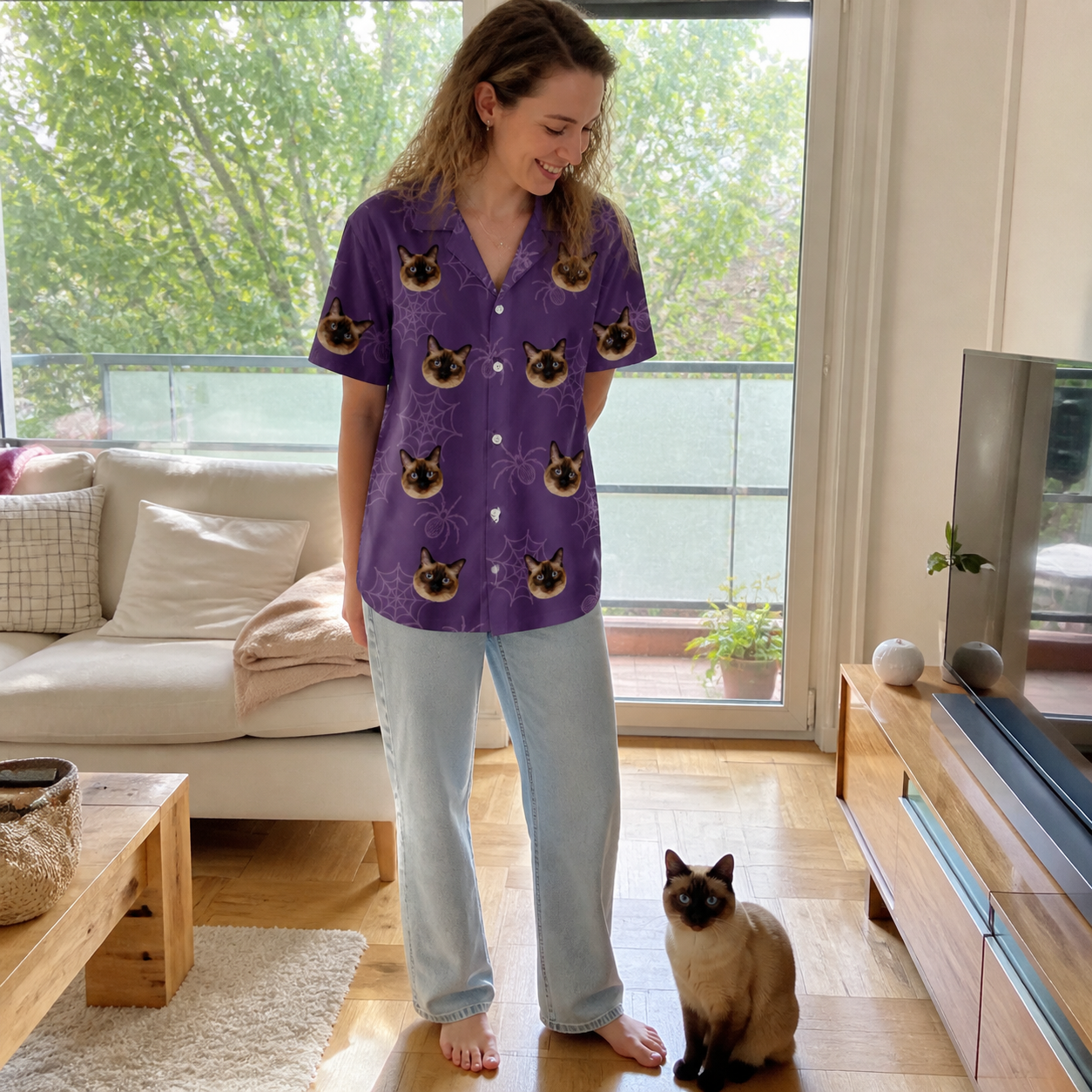 Full-length photo with the pet printed all over this Women's Spider Social Custom Cat Face Hawaiian Shirt