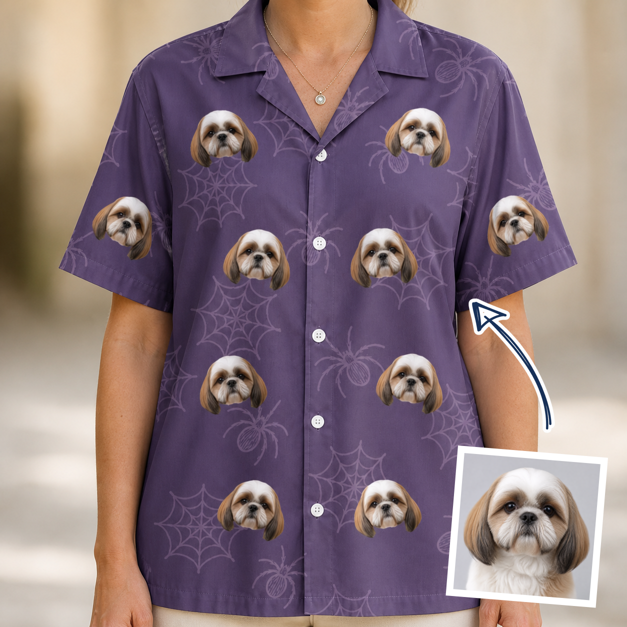 Woman wearing Women's Spider Social Custom Dog Face Hawaiian Shirt — custom faces printed all-over