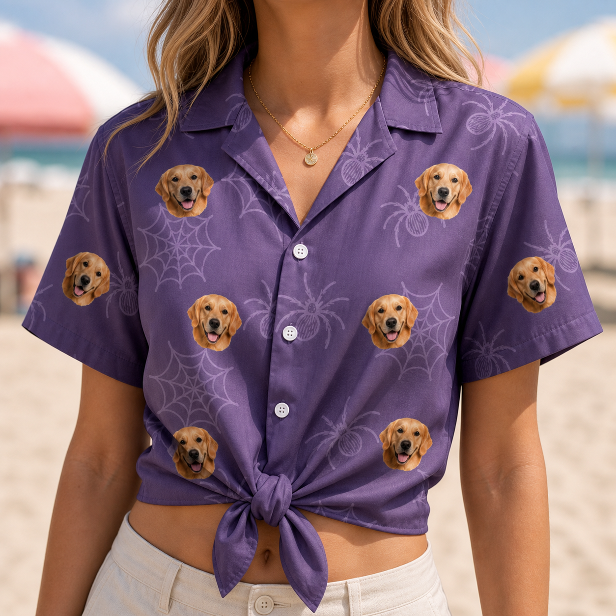 Woman wearing Women's Spider Social Custom Dog Face Hawaiian Shirt tied at the waist