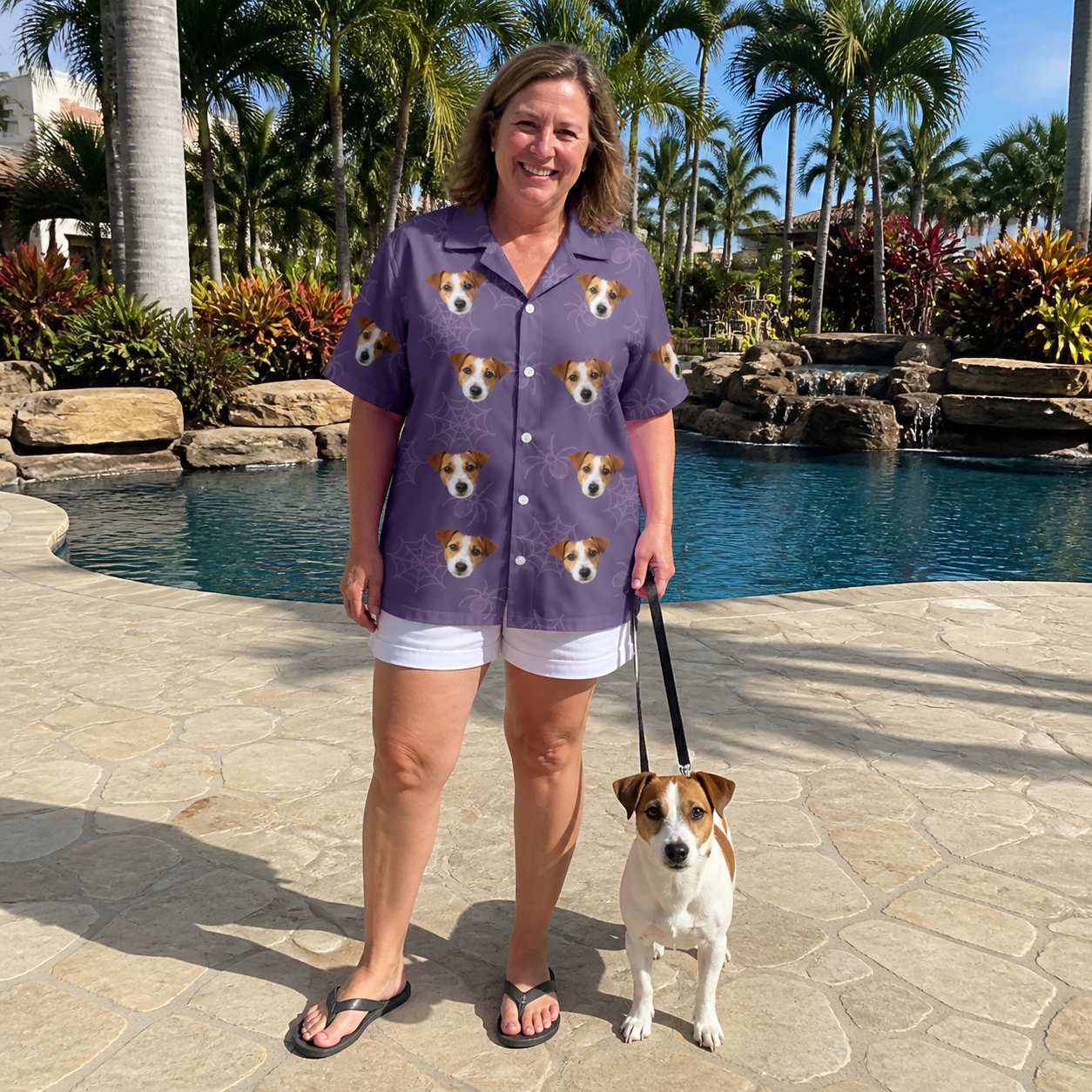 Full-length photo with the pet printed all over this Women's Spider Social Custom Dog Face Hawaiian Shirt