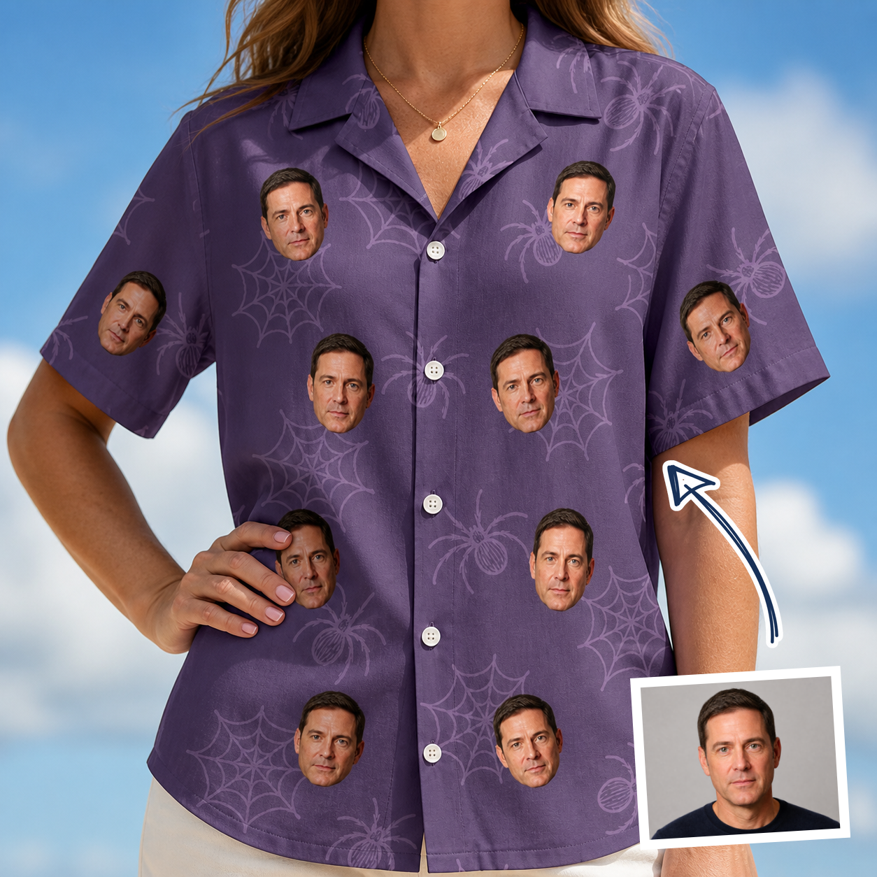 Woman wearing Women's Spider Social Custom Face Hawaiian Shirt — custom faces printed all-over