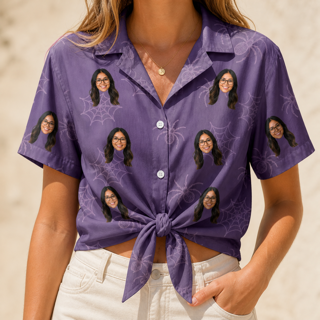 Woman wearing Women's Spider Social Custom Face Hawaiian Shirt tied at the waist