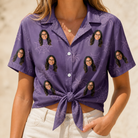 Woman wearing Women's Spider Social Custom Face Hawaiian Shirt tied at the waist