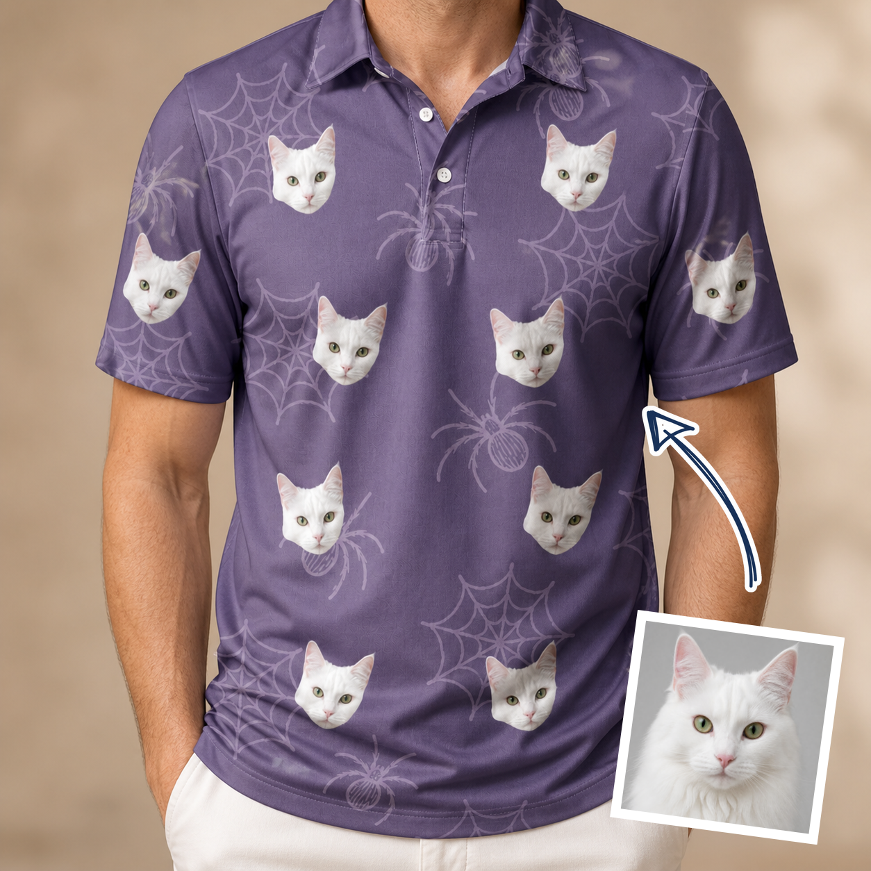 Man wearing Men's Spider Social Custom Cat Face Polo Shirt — custom faces printed all-over