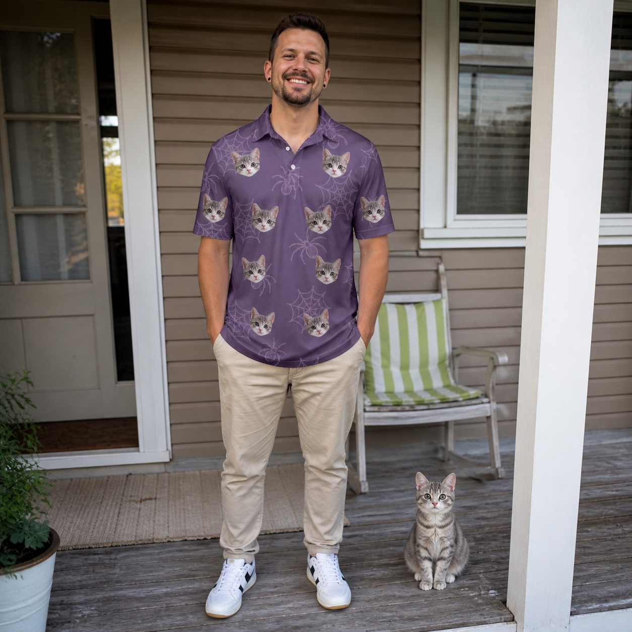 Full-length photo with the pet printed all over this Men's Spider Social Custom Cat Face Polo Shirt