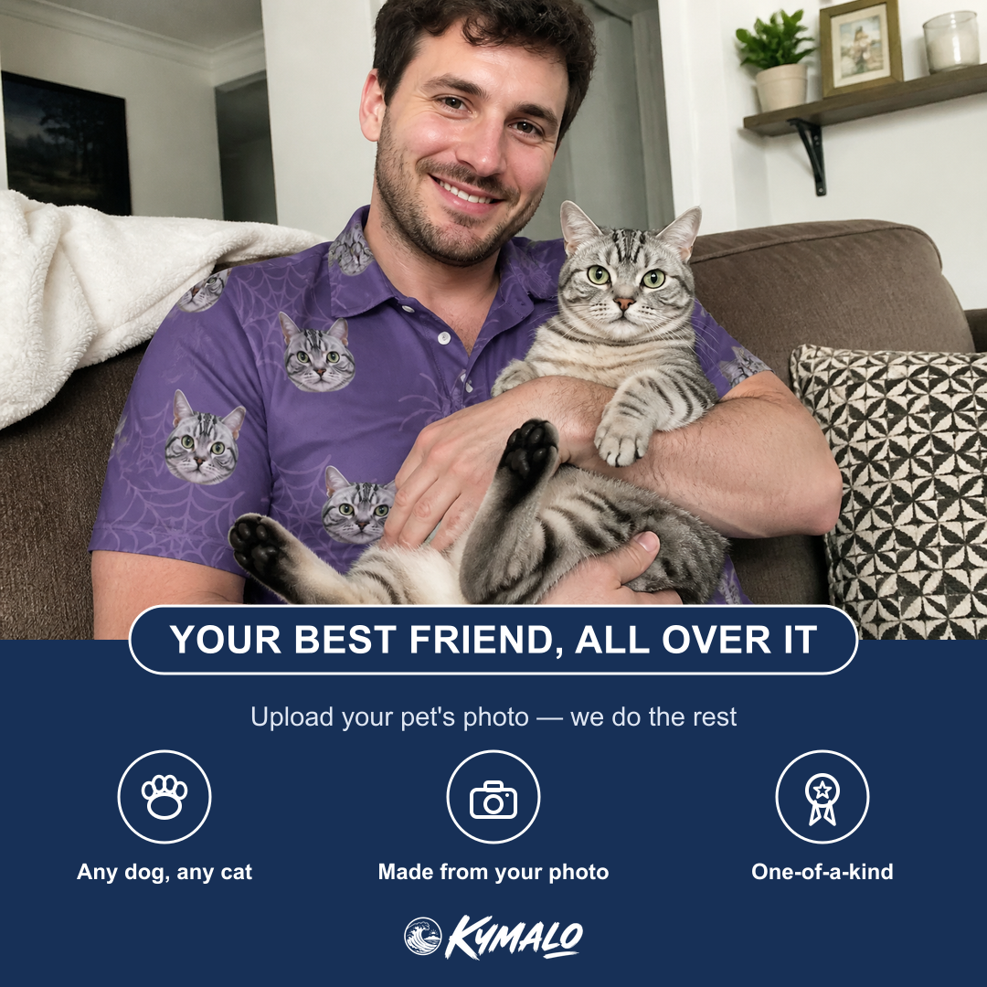 Friends in matching Men's Spider Social Custom Cat Face Polo Shirt — a group gift photo