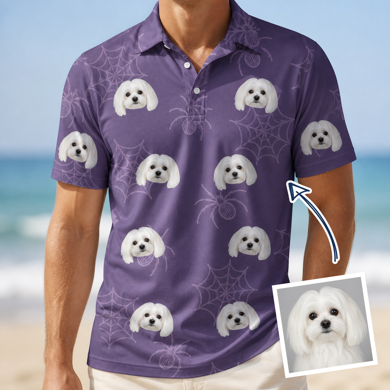 Man wearing Men's Spider Social Custom Dog Face Polo Shirt — custom faces printed all-over