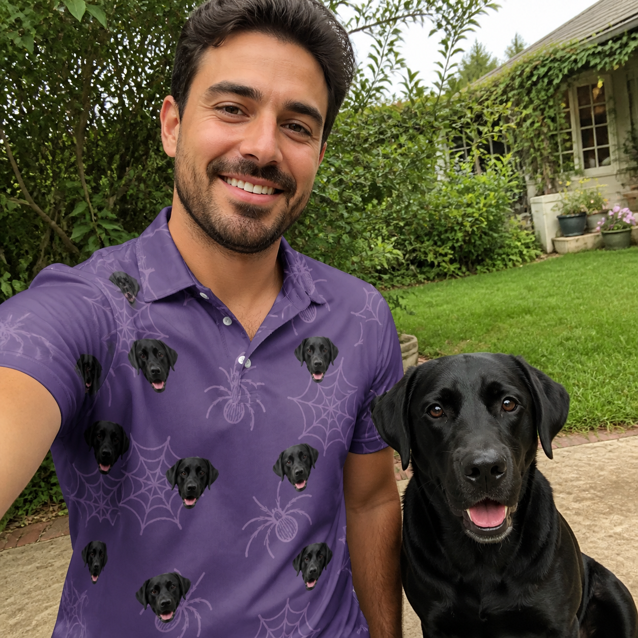 Selfie with the pet whose face is printed all over this Men's Spider Social Custom Dog Face Polo Shirt
