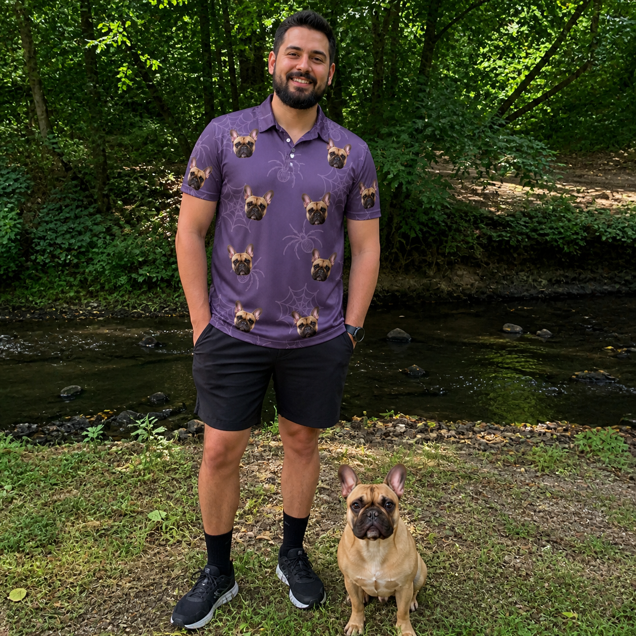 Full-length photo with the pet printed all over this Men's Spider Social Custom Dog Face Polo Shirt