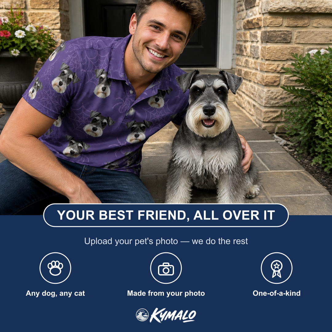 Friends in matching Men's Spider Social Custom Dog Face Polo Shirt — a group gift photo