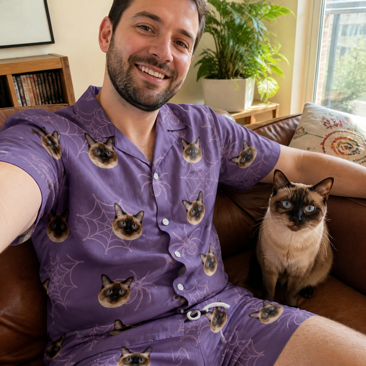 Selfie with the pet whose face is printed all over this Men's Spider Social Custom Cat Face Shirt & Shorts Set