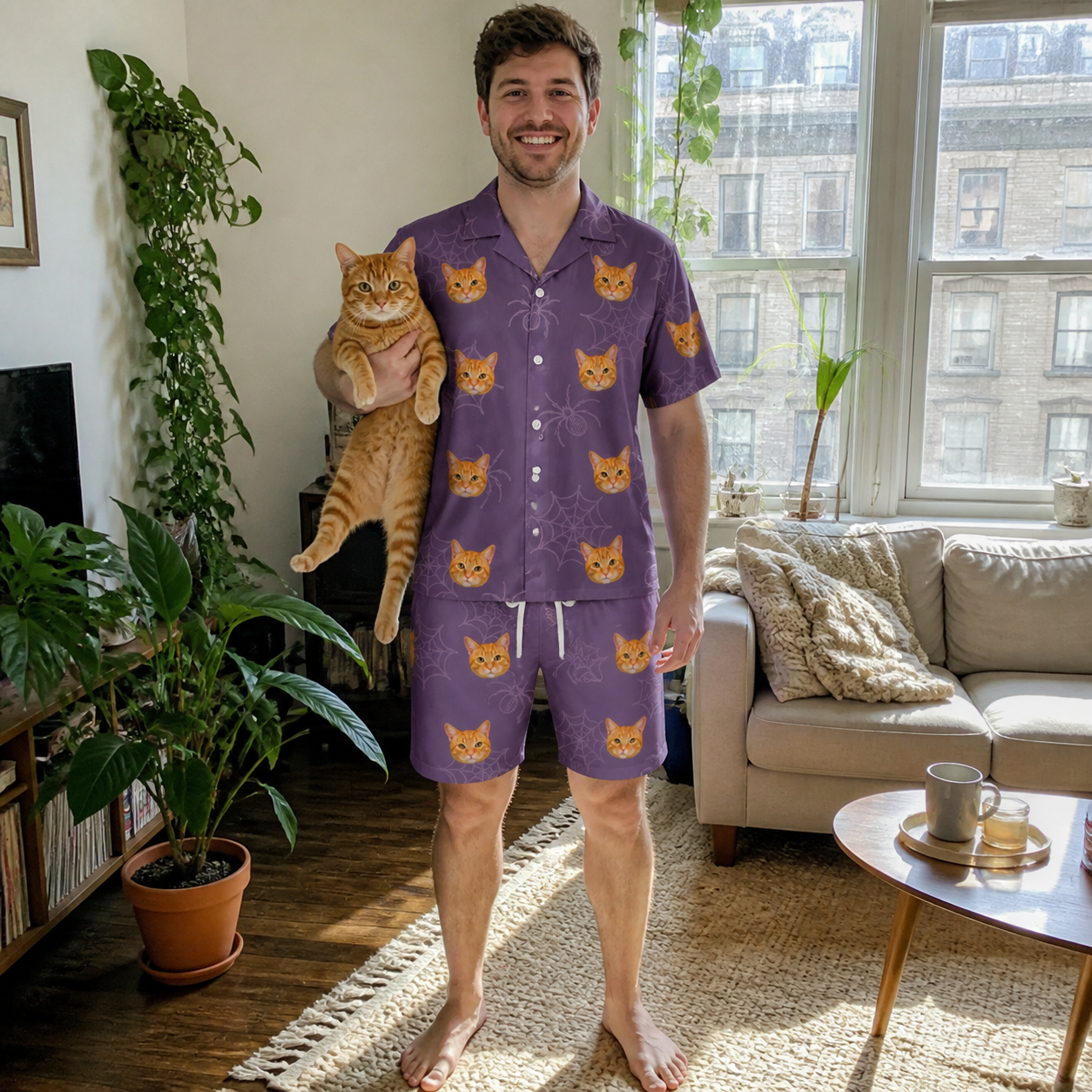 Full-length photo with the pet printed all over this Men's Spider Social Custom Cat Face Shirt & Shorts Set