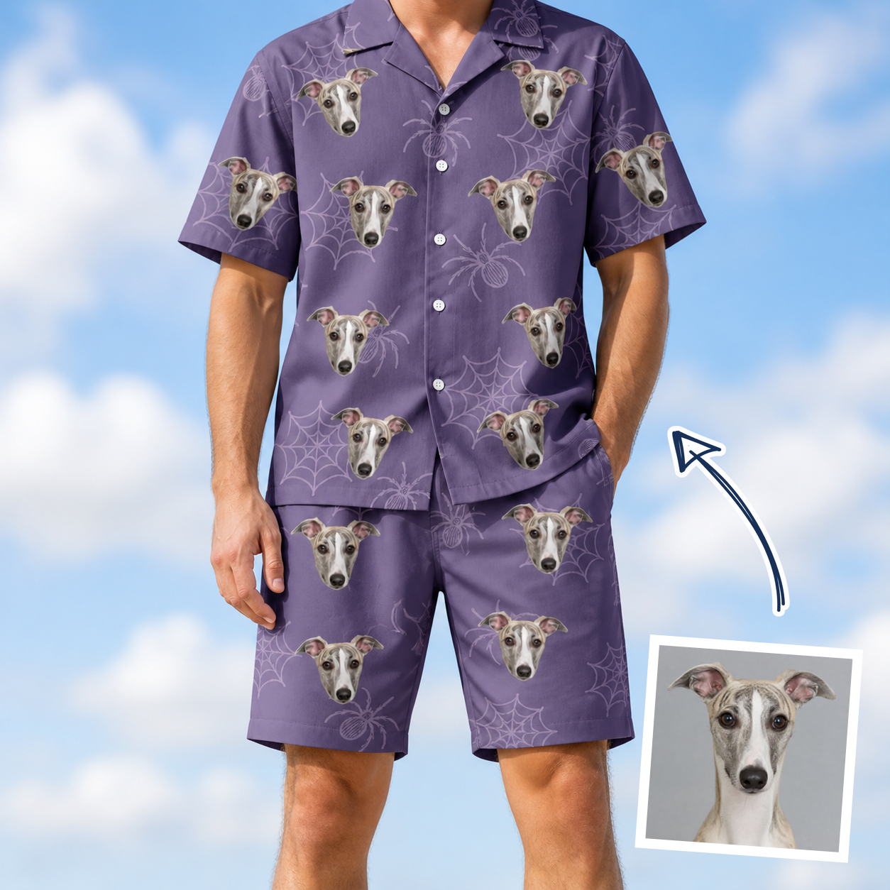 Man wearing Men's Spider Social Custom Dog Face Shirt & Shorts Set — custom faces printed all-over