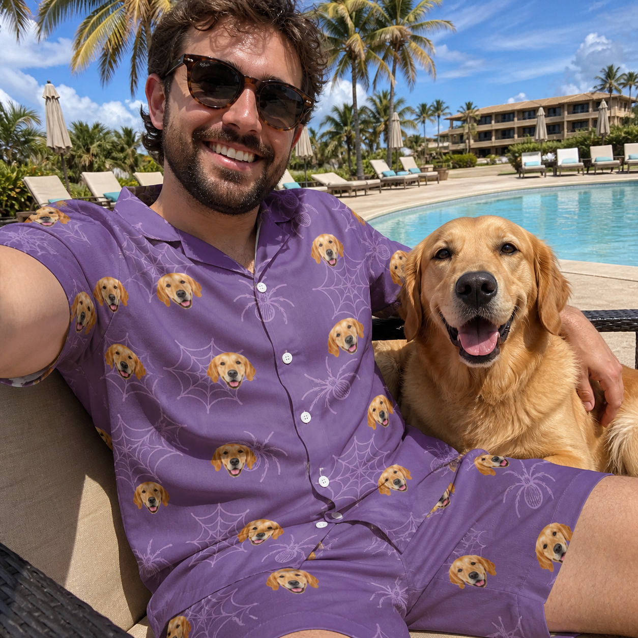 Selfie with the pet whose face is printed all over this Men's Spider Social Custom Dog Face Shirt & Shorts Set