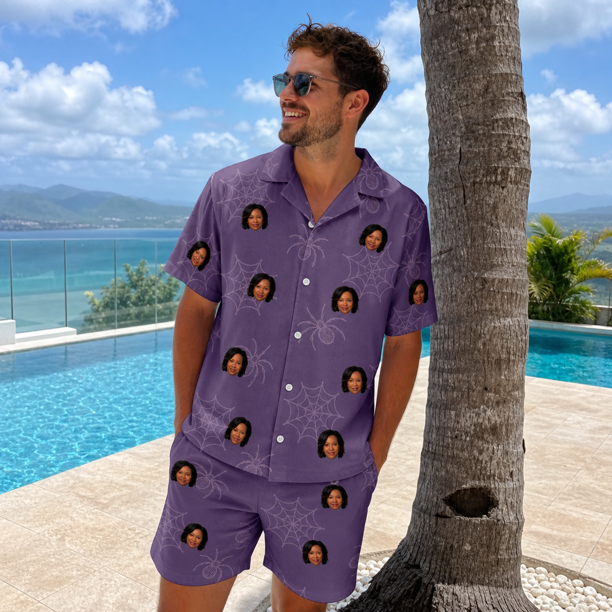 Real-life photo of someone wearing Men's Spider Social Custom Face Shirt & Shorts Set — custom faces printed all-over