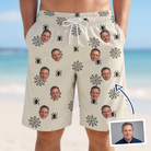 Man wearing Men's Spooky Spinners Custom Face Beach Shorts — custom faces printed all-over
