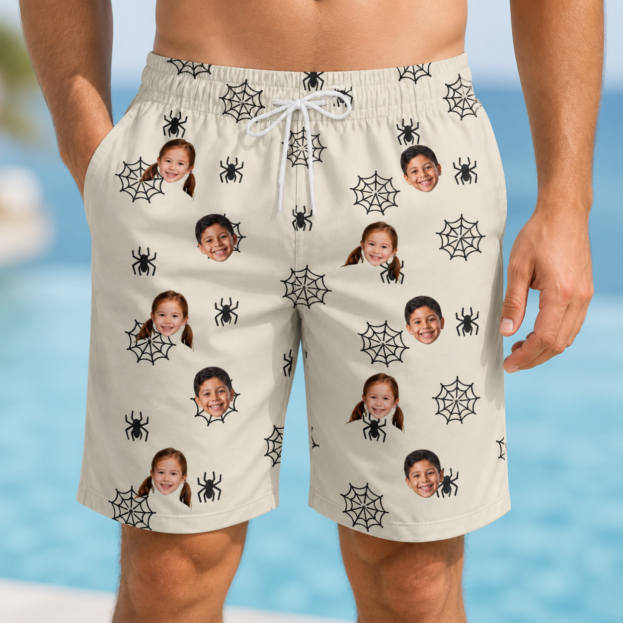 Model wearing Men's Spooky Spinners Custom Face Beach Shorts printed with kids' faces