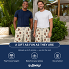 Friends in matching Men's Spooky Spinners Custom Face Beach Shorts — a group gift photo