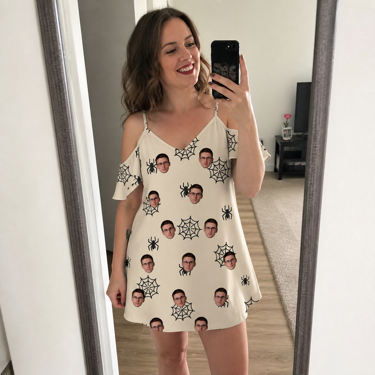 Real-life photo of someone wearing Women's Spooky Spinners Custom Face Off-Shoulder Dress — custom faces printed all-over