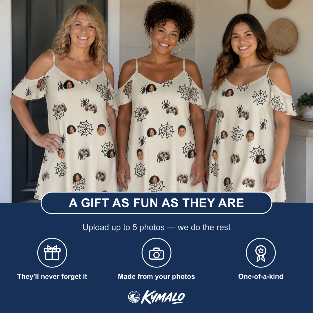 Friends in matching Women's Spooky Spinners Custom Face Off-Shoulder Dress — a group gift photo