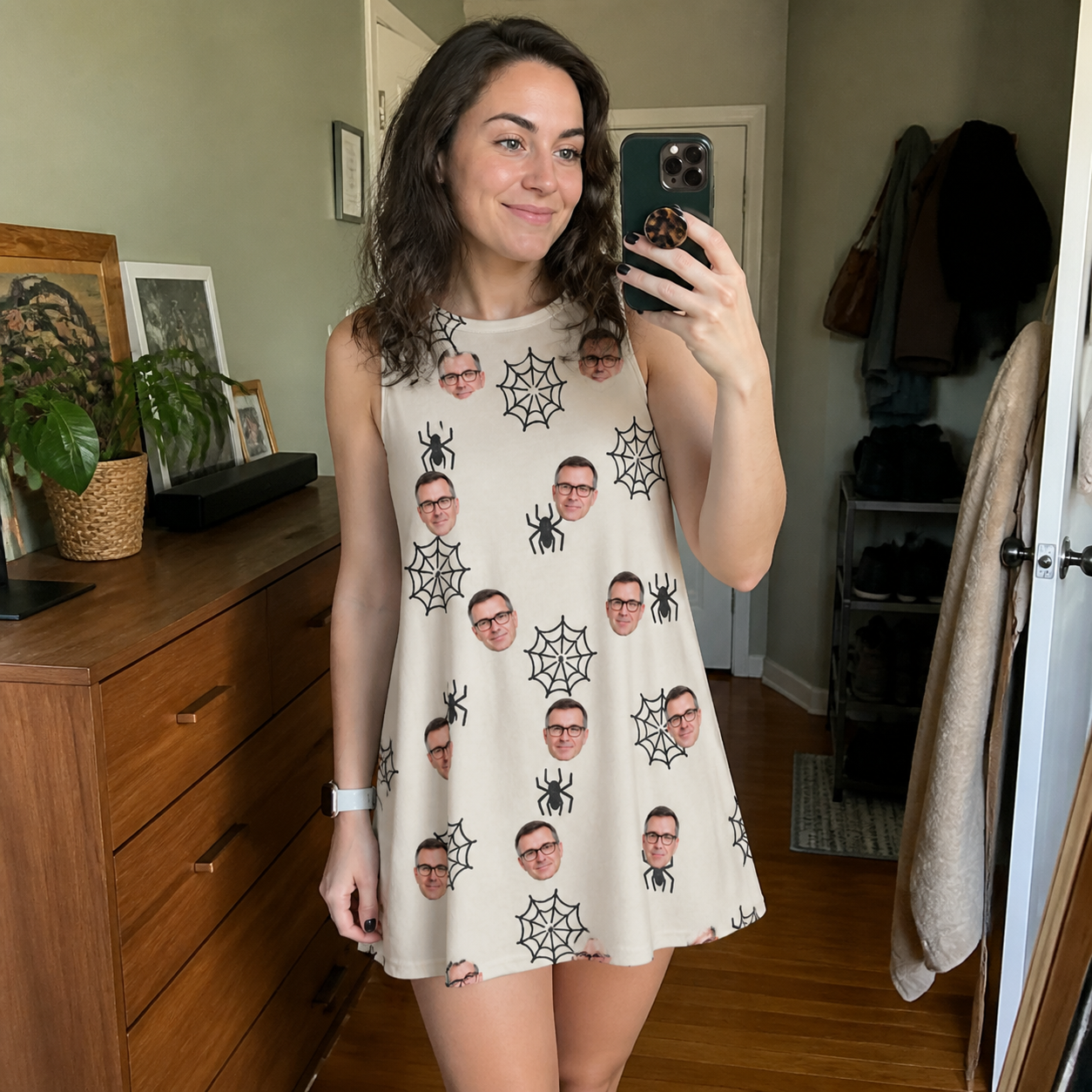 Real-life photo of someone wearing Women's Spooky Spinners Custom Face Tank Dress — custom faces printed all-over