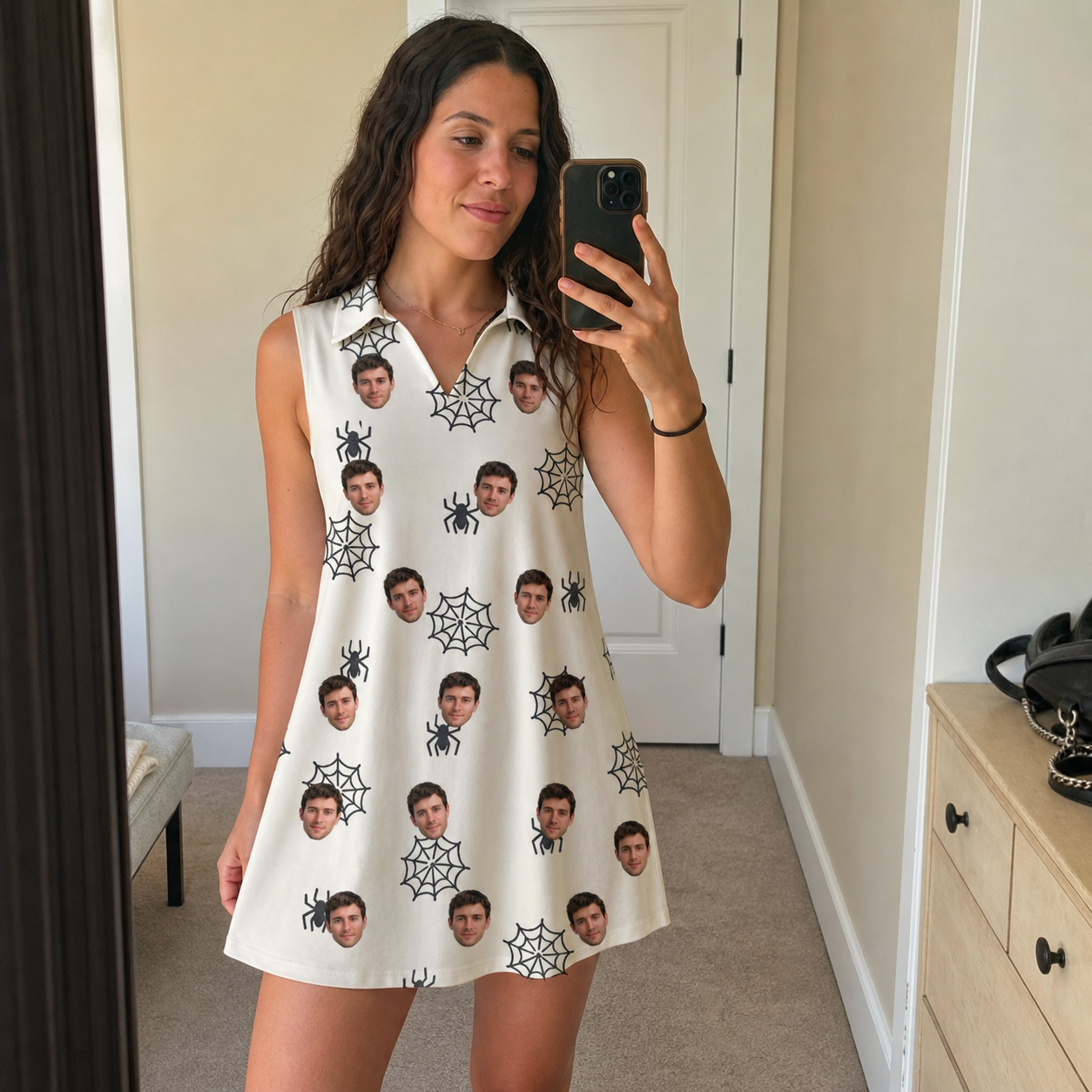 Real-life photo of someone wearing Women's Spooky Spinners Custom Face V-Neck Dress — custom faces printed all-over