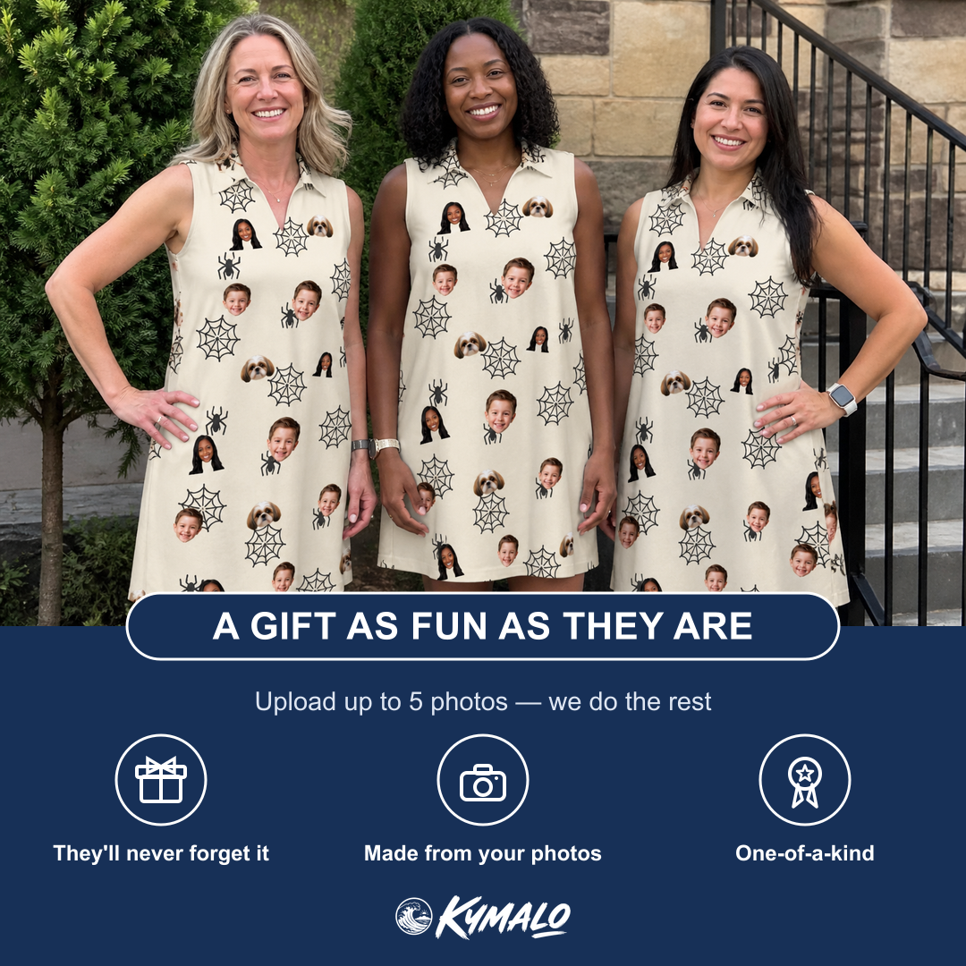 Friends in matching Women's Spooky Spinners Custom Face V-Neck Dress — a group gift photo