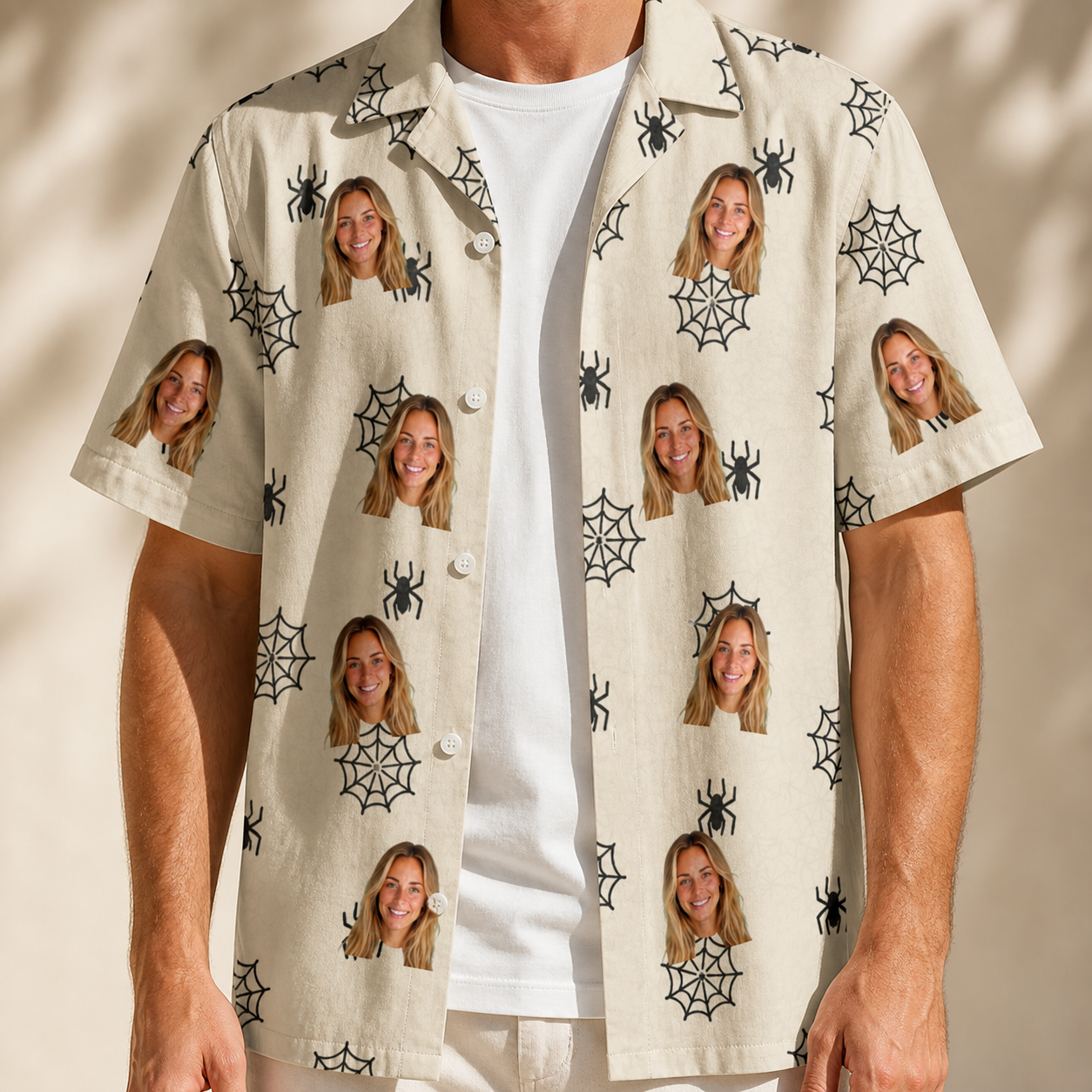 Man wearing Men's Spooky Spinners Custom Face Hawaiian Shirt open over a white tee