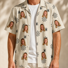 Man wearing Men's Spooky Spinners Custom Face Hawaiian Shirt open over a white tee