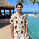 Real-life photo of someone wearing Men's Spooky Spinners Custom Face Hawaiian Shirt — custom faces printed all-over