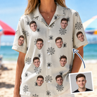 Woman wearing Women's Spooky Spinners Custom Face Hawaiian Shirt — custom faces printed all-over