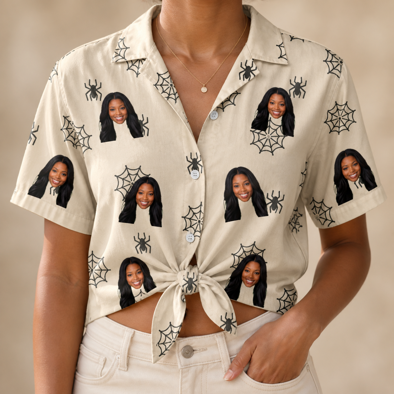 Woman wearing Women's Spooky Spinners Custom Face Hawaiian Shirt tied at the waist