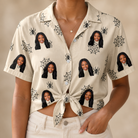 Woman wearing Women's Spooky Spinners Custom Face Hawaiian Shirt tied at the waist