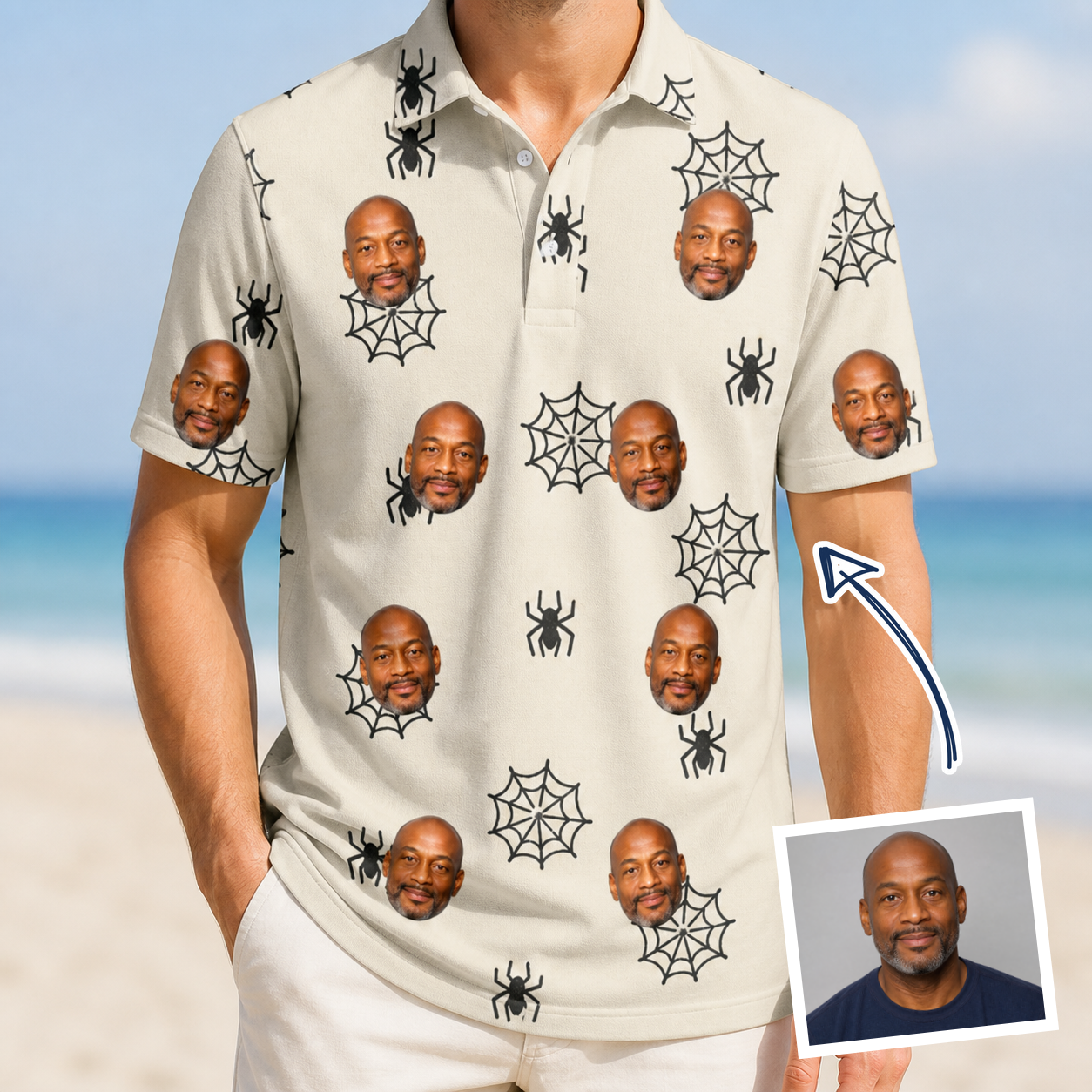 Man wearing Men's Spooky Spinners Custom Face Polo Shirt — custom faces printed all-over