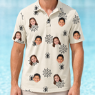 Model wearing Men's Spooky Spinners Custom Face Polo Shirt printed with kids' faces