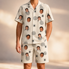 Model wearing Men's Spooky Spinners Custom Face Shirt & Shorts Set printed with kids' faces