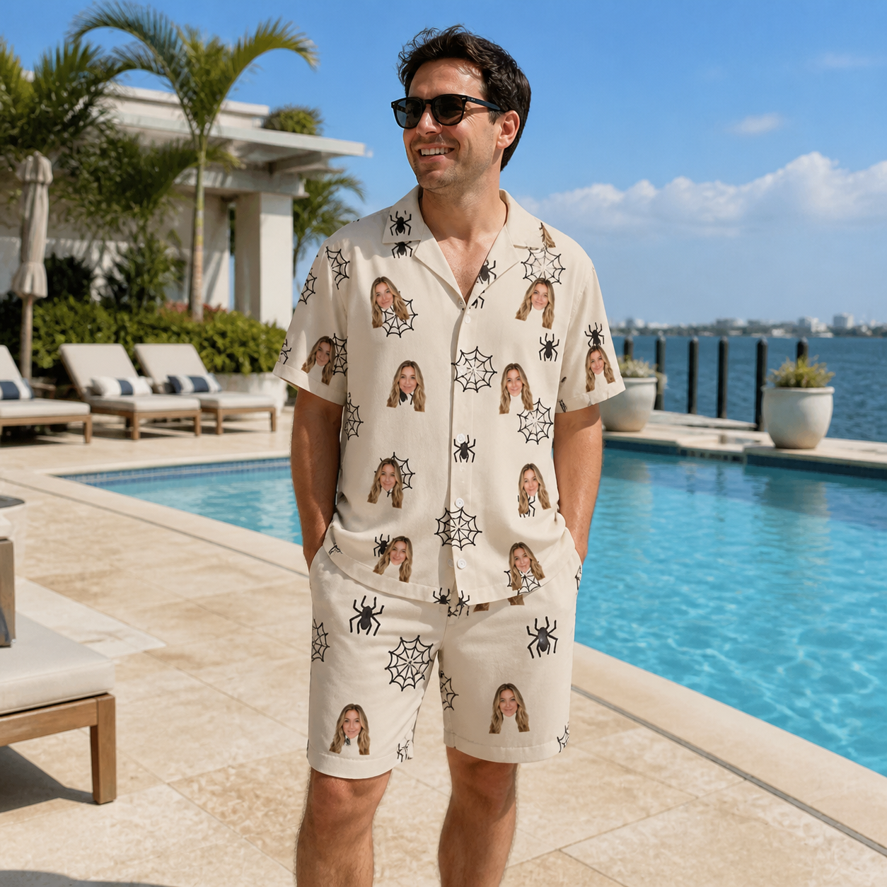 Real-life photo of someone wearing Men's Spooky Spinners Custom Face Shirt & Shorts Set — custom faces printed all-over
