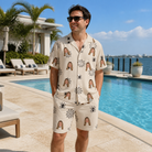 Real-life photo of someone wearing Men's Spooky Spinners Custom Face Shirt & Shorts Set — custom faces printed all-over