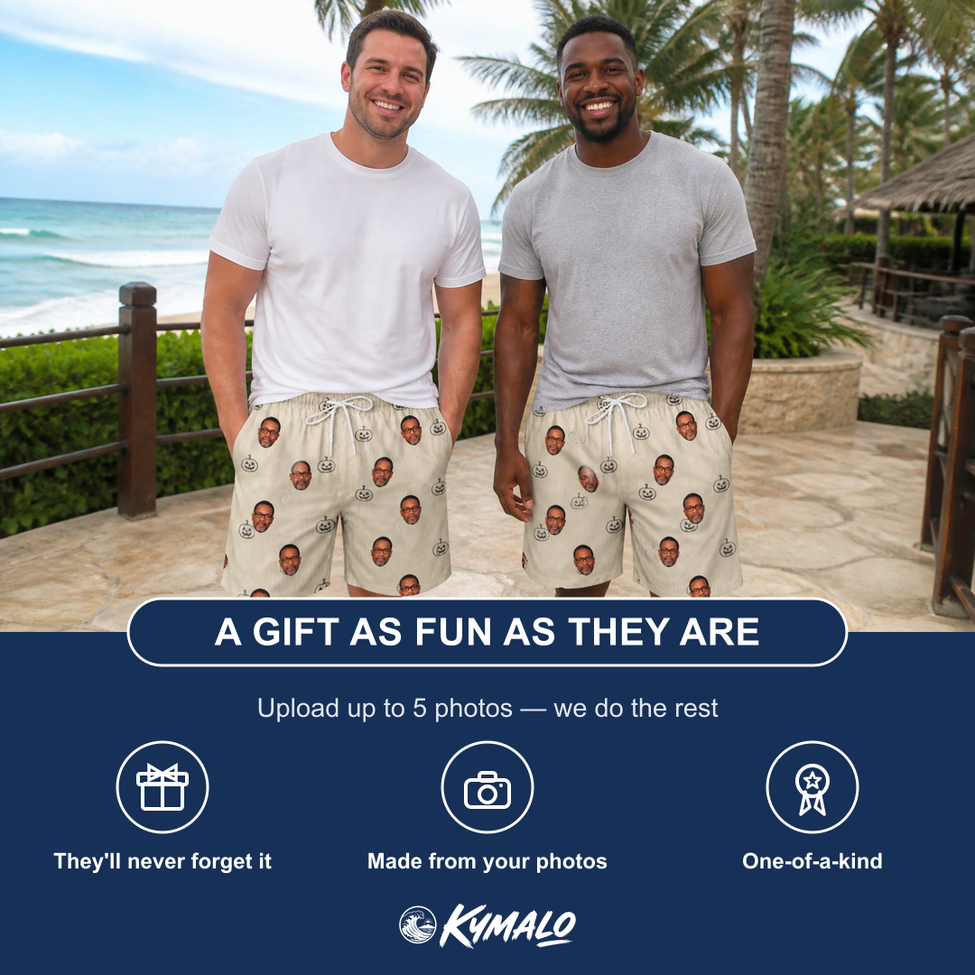 Friends in matching Men's Cucurbit Chuckles Custom Face Beach Shorts — a group gift photo